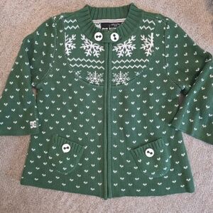 DC Shoes Green White Fair Isle Snowflake Design Zip Front Knit Sweater Jr Size M